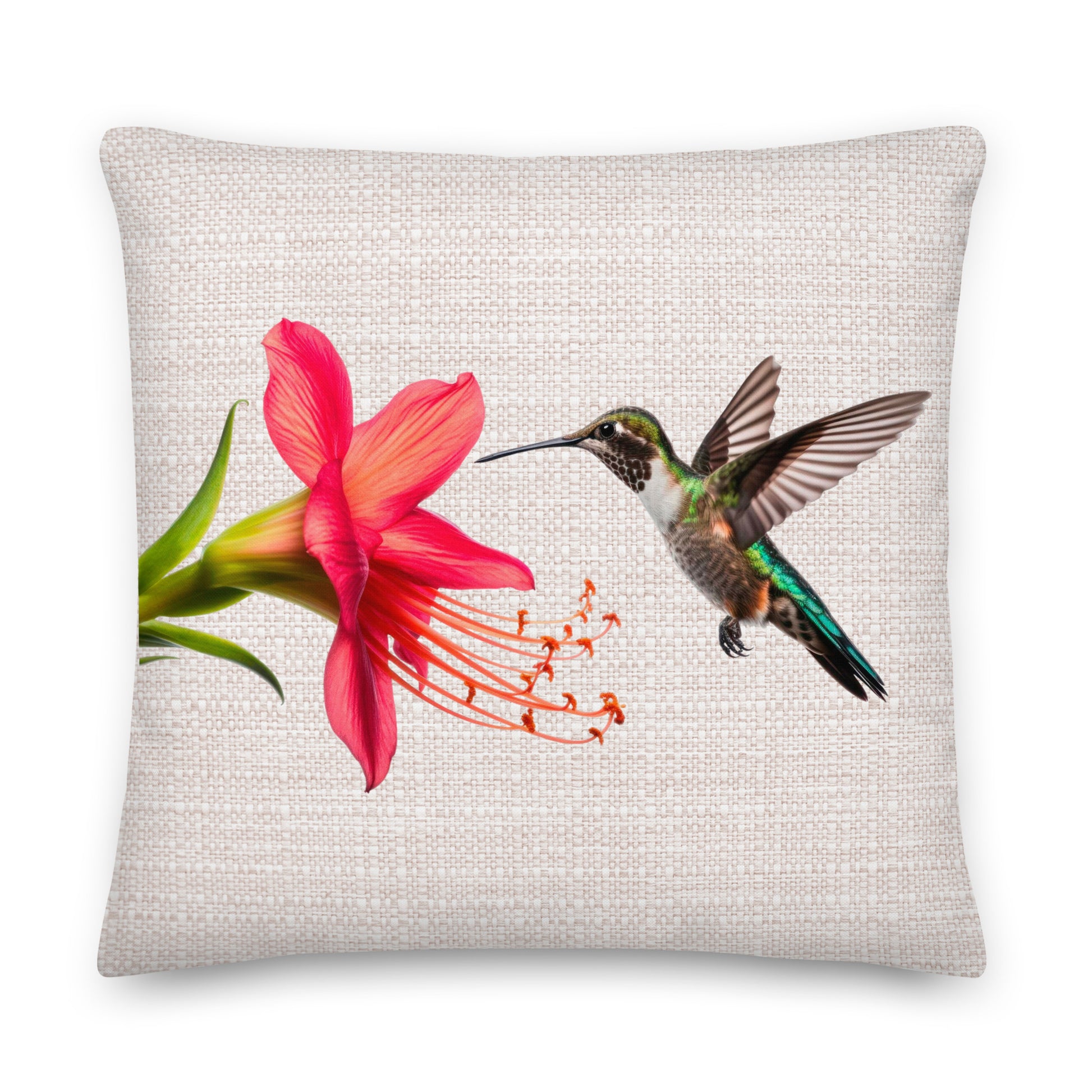 hummingbird and red flower on a grey cushion