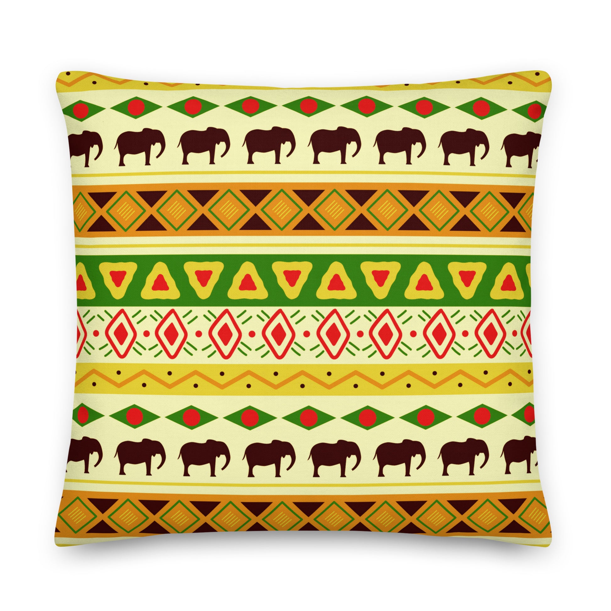 elephants and  a vibrnt linear pattern on a cushion throw pillow
