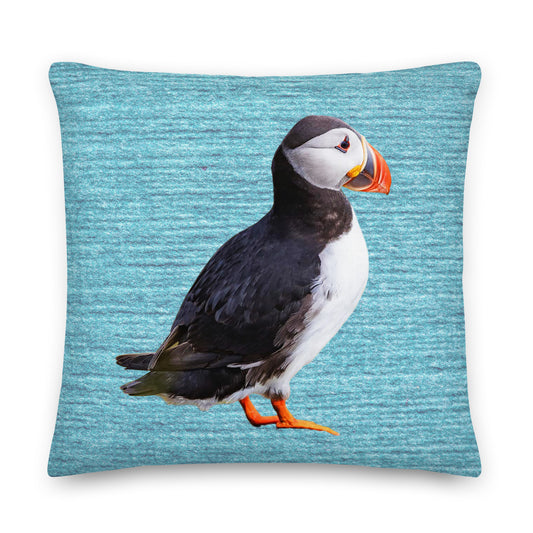colourful atlantic puffin on a blue cushion