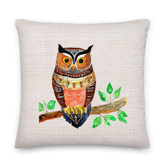 decorative cushion throw pillow with an owl design on a grey background