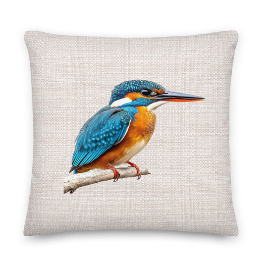 cushion throw pillow with a kingfisher bird design on a neutral background