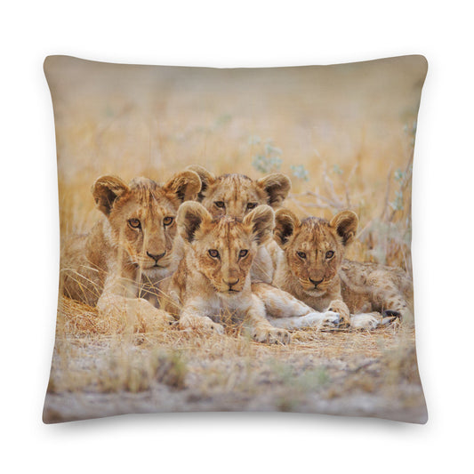 cushion pillow with four lion cubs in a natural setting on a beige background 