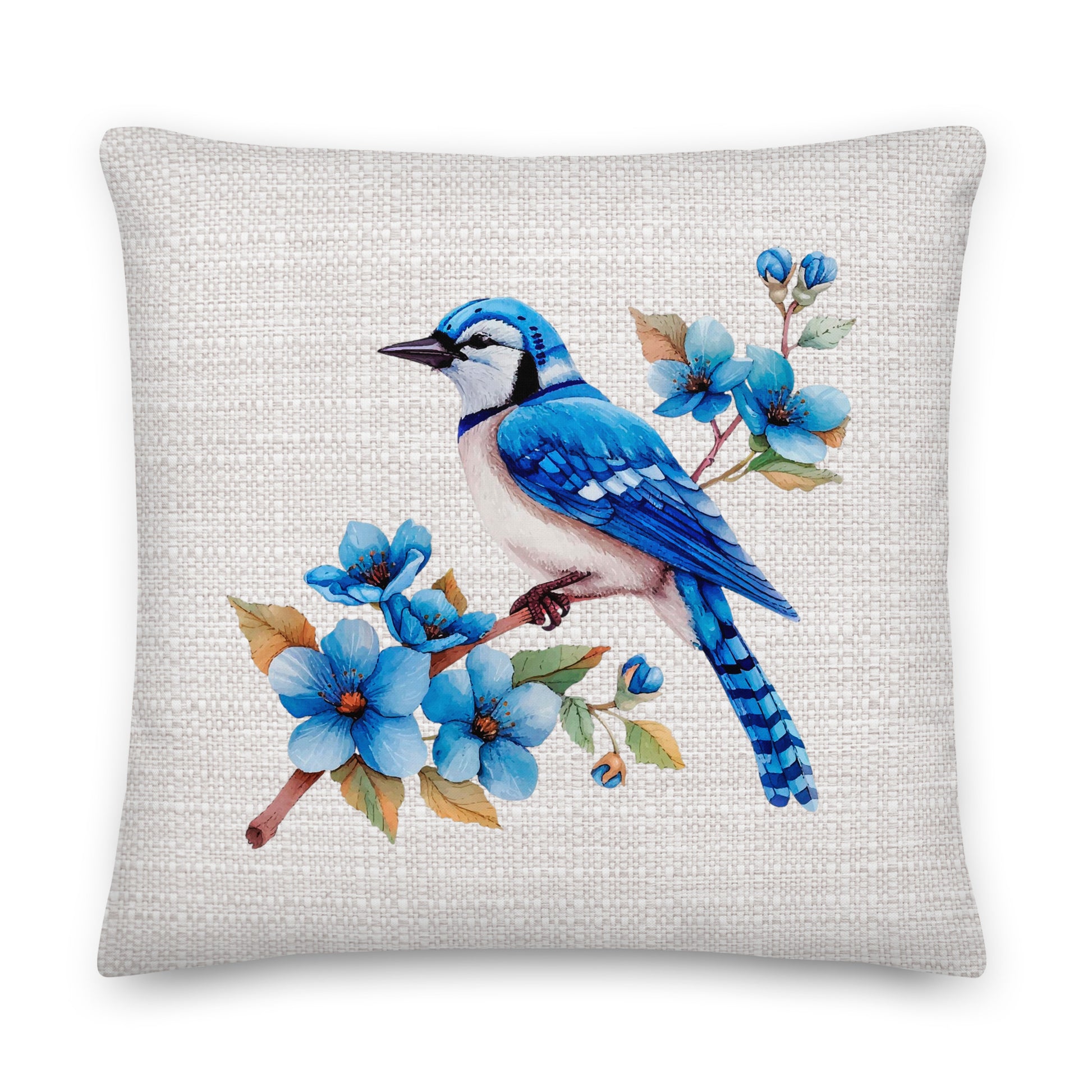 blue jay bird an flower design on a grey cushion