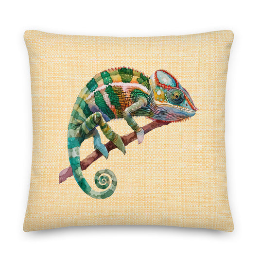 colourful chameleon design on a beige cushion pillow