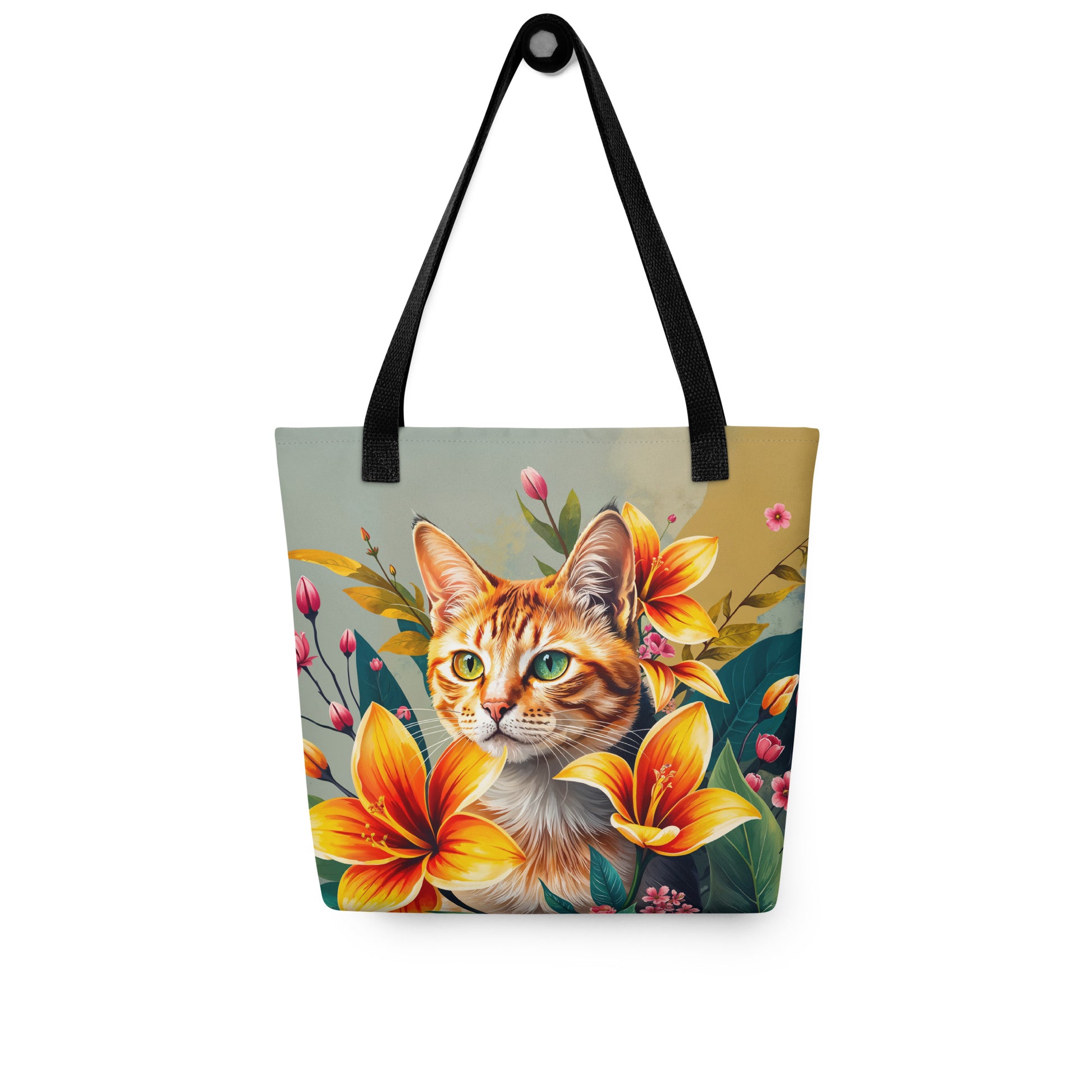 Tote bag with a ginger cat and floral design hanging on a peg