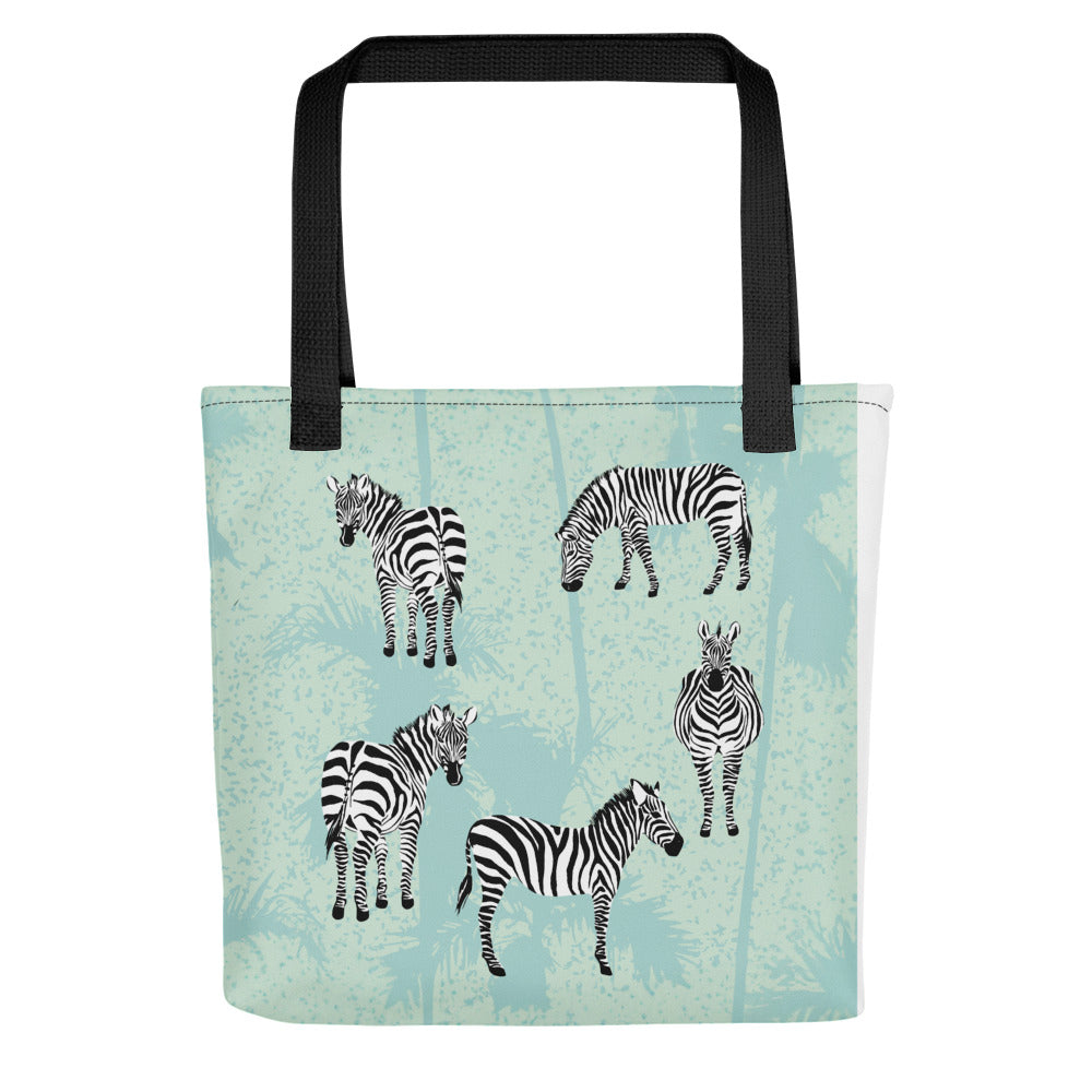 Tote bag printed with zebras on a blue background