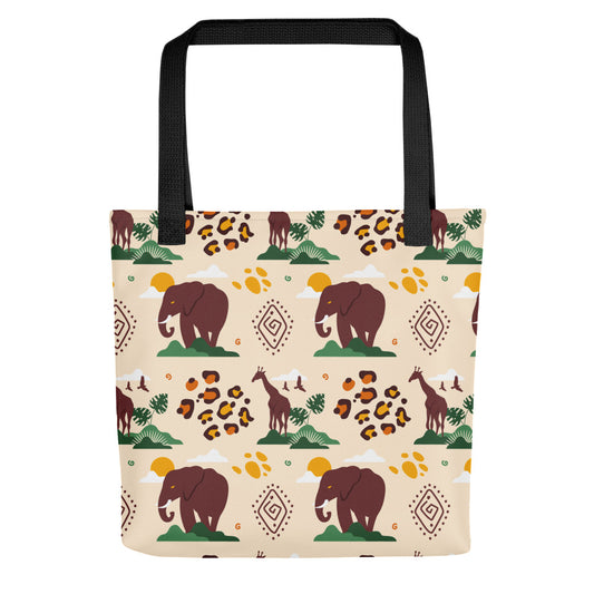 Tote bag printed with elephant and giraffe pattern