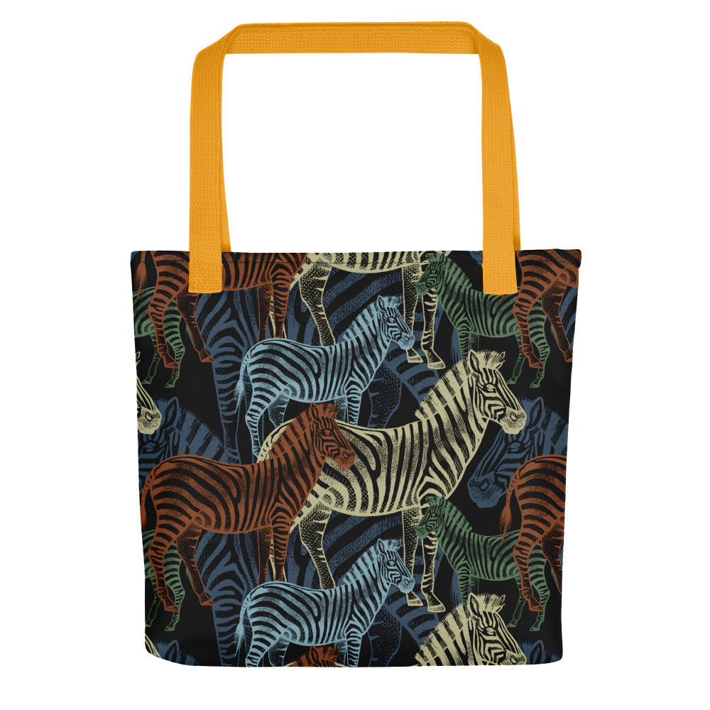 Tote bag printed with multi coloured zebras