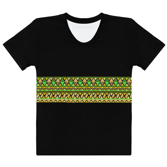 Womens  Black T-Shirt Printed With an African Green Pattern