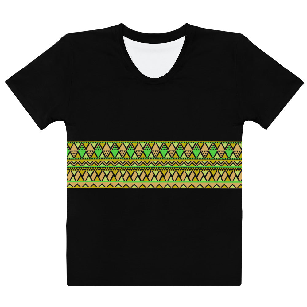 Womens  Black T-Shirt Printed With an African Green Pattern