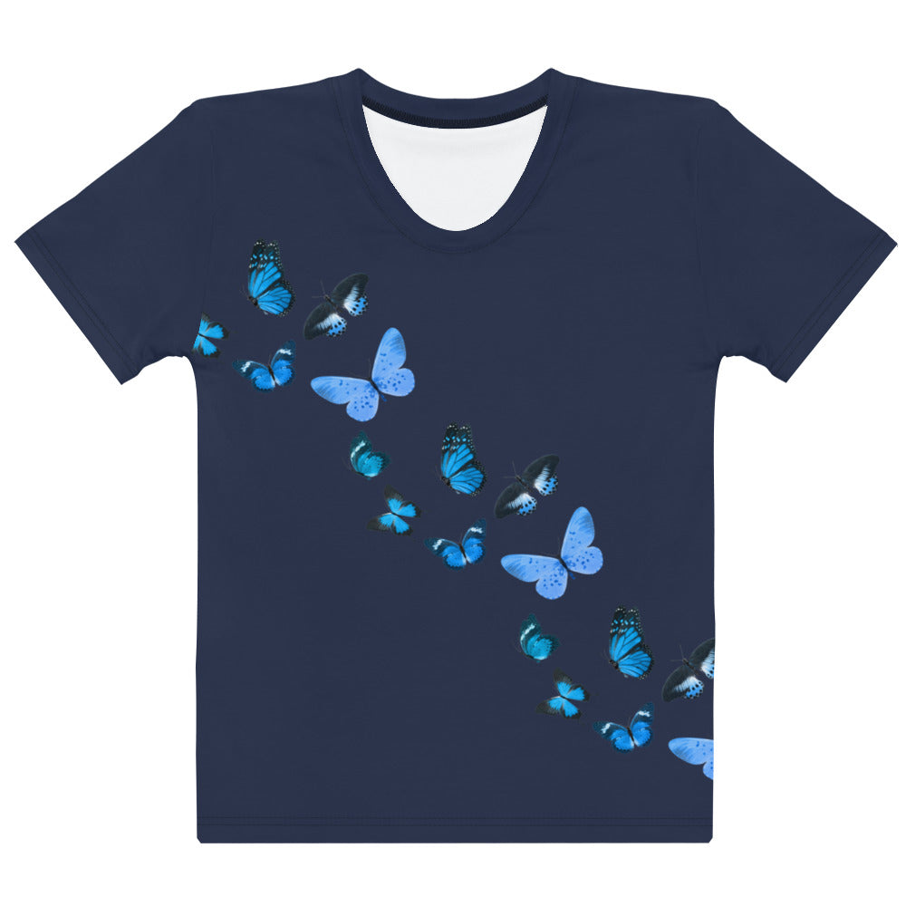 Womens T-Shirts printed with flying  butterflies on Navy Blue
