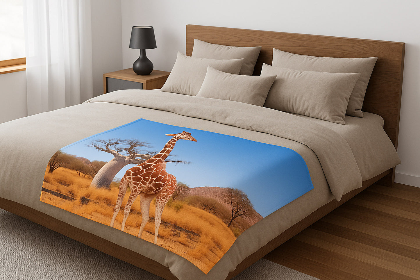 Throw Blanket depicts Giraffee with Boabab Tree