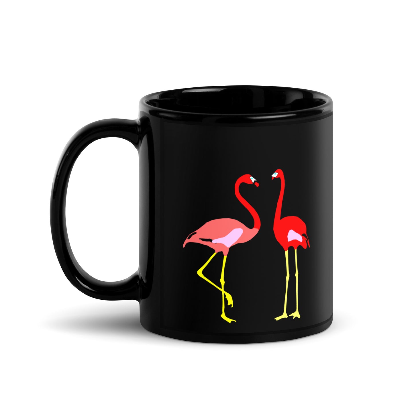 Black glossy mug printed with a pair of flamingos