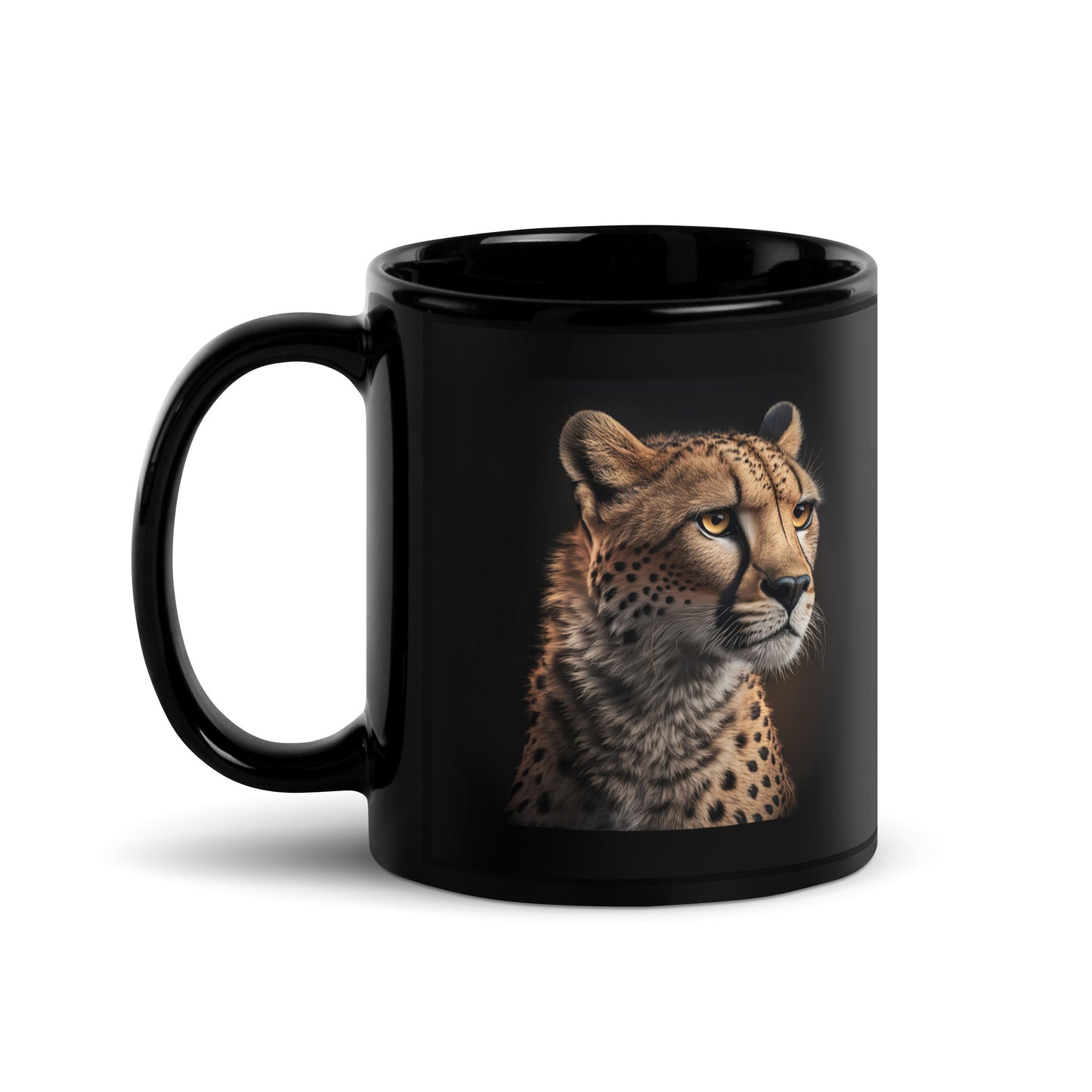 Black Glossy Mug printed with a cheetah