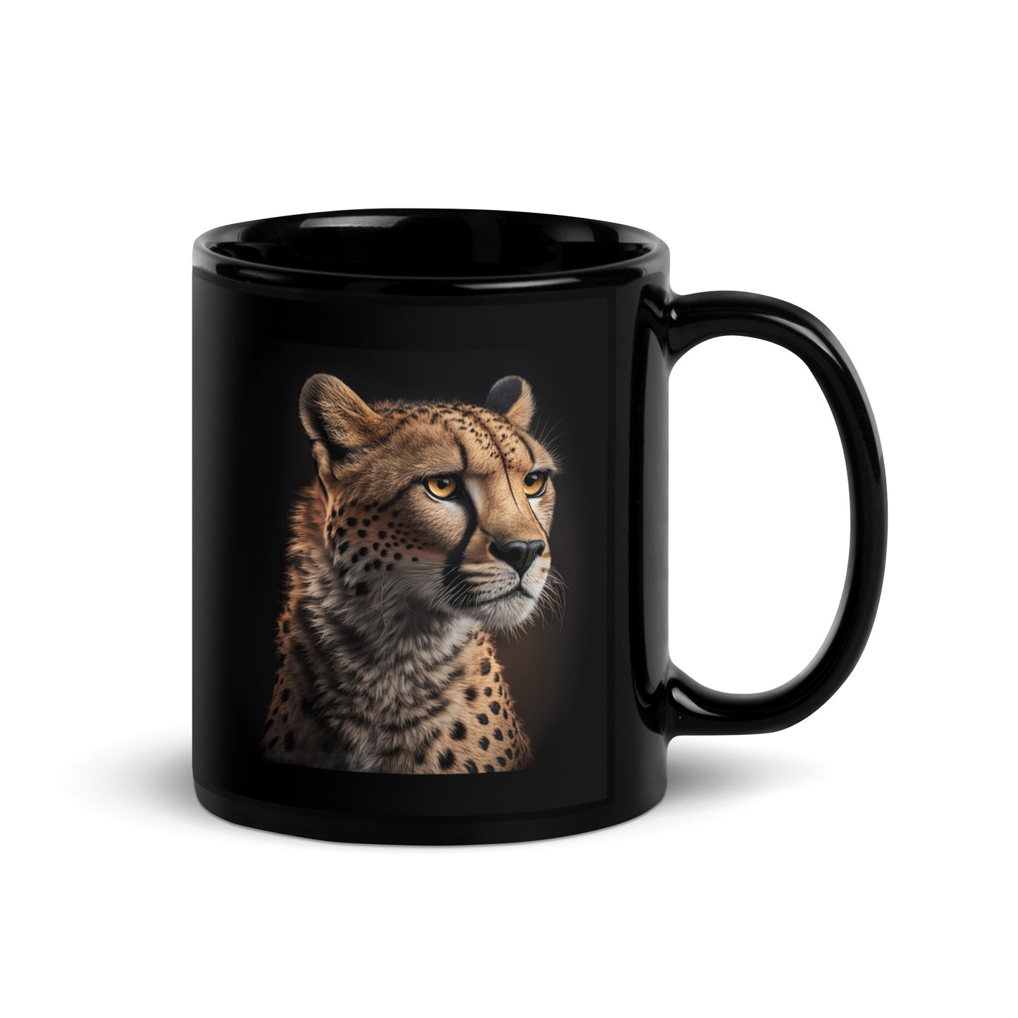 Black Glossy Mug printed with a cheetah