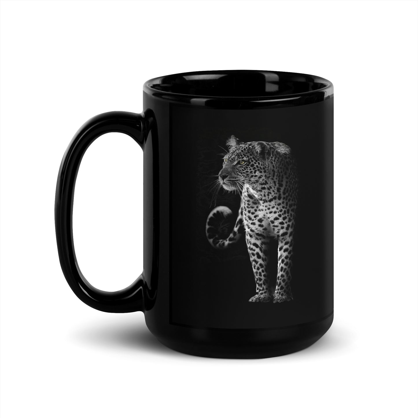 Black Glossy Mug with printed with a leopard