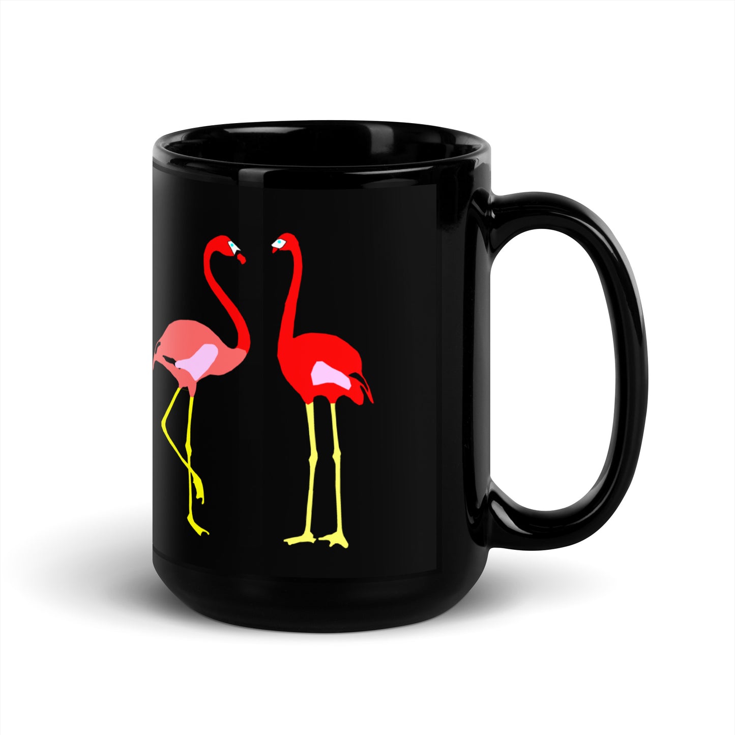 Black glossy mug printed with a pair of flamingos