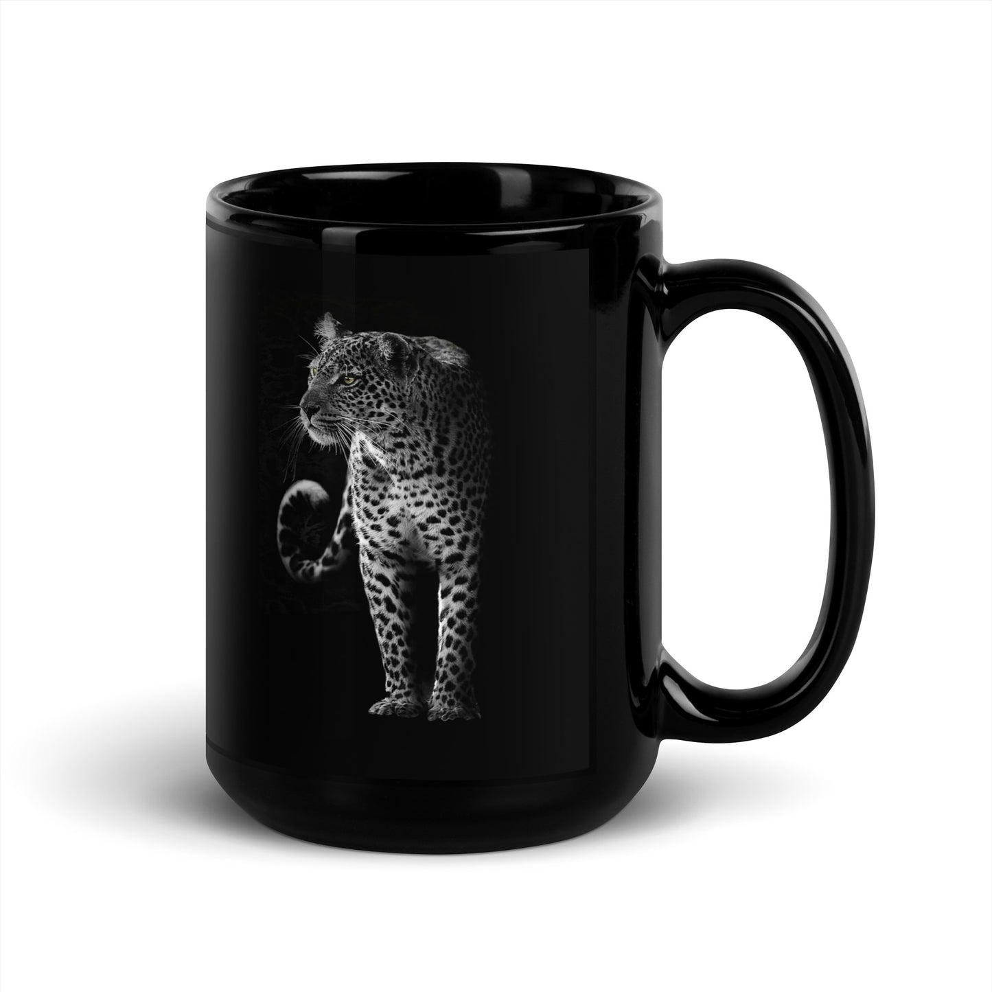Black Glossy Mug with printed with a leopard