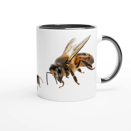 honey bee design on a white coffee mug with black handle