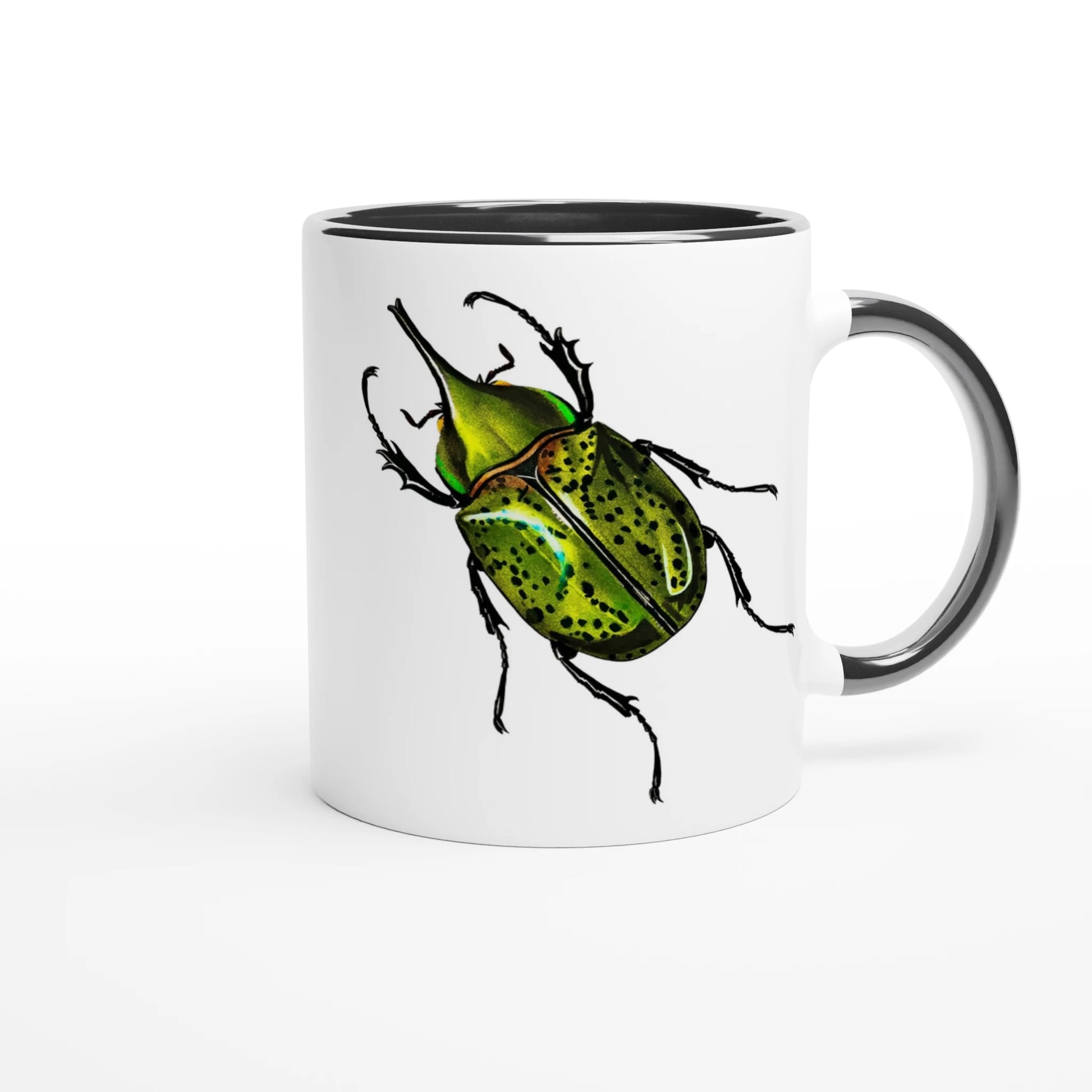 vibrant green Hercules beetle  design on a white coffee mug