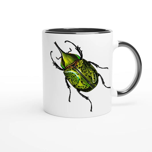 vibrant green Hercules beetle  design on a white coffee mug