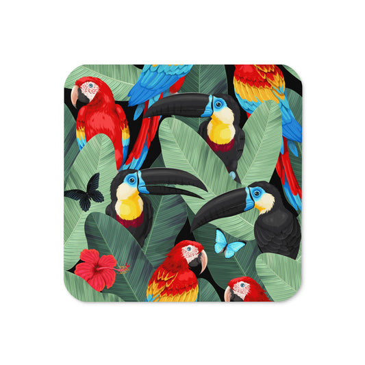 drinks coaster decorated with toucans and parrots