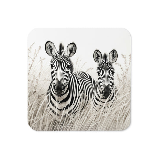 drinks coaster featuring two zebras in grassland on a neutral background