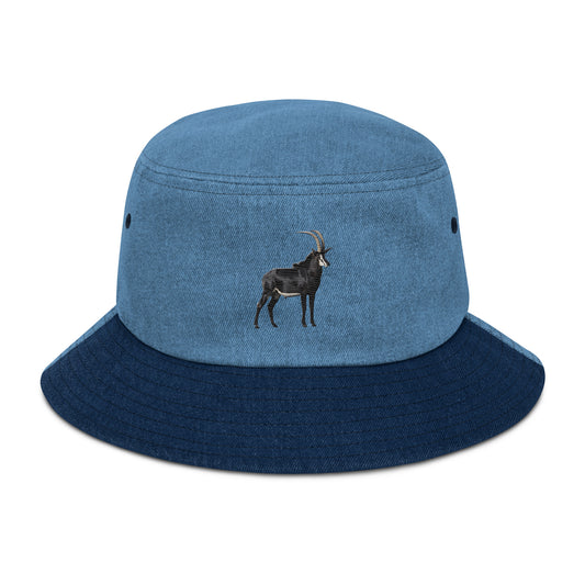 Denim bucket hat embroidered with a Sable Antelope.