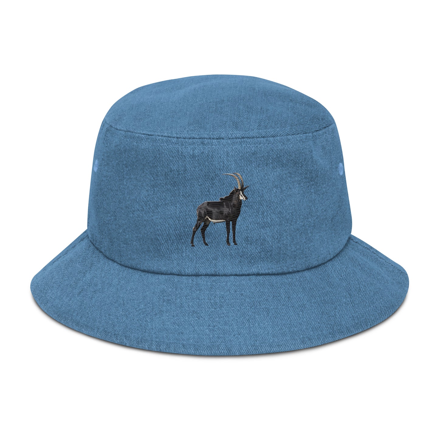 Denim bucket hat embroidered with a Sable Antelope.