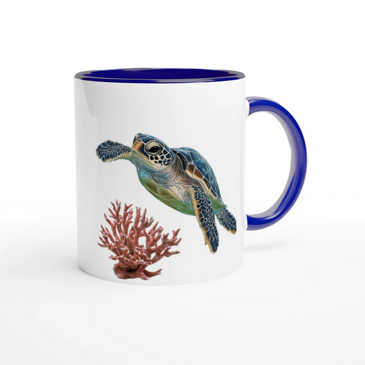 ceramic coffee mug with a turtle and coral design on a white background