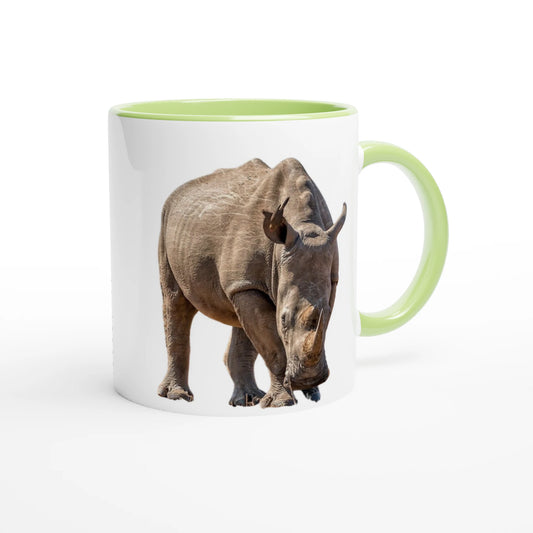 rhinoceros design on a white coffee mug with a green handle
