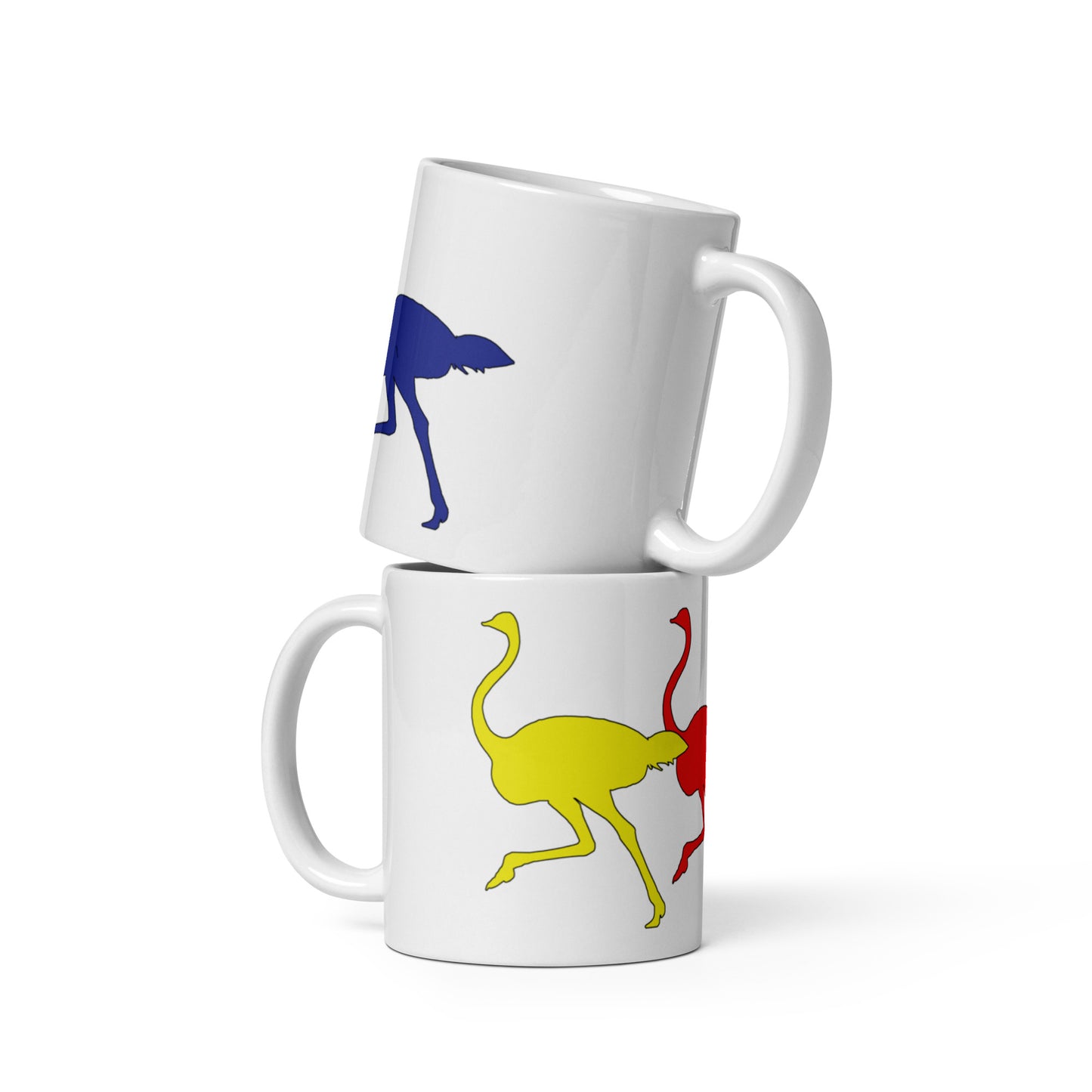 Glossy Mug printed with Colourful Running Ostriches.