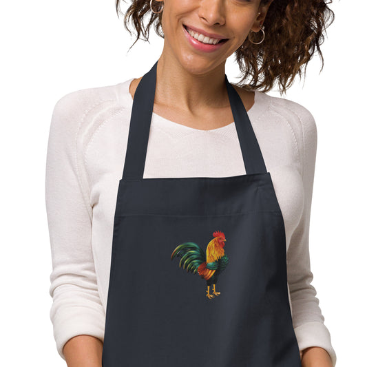 Organic cotton apron embroidered with a cockerel