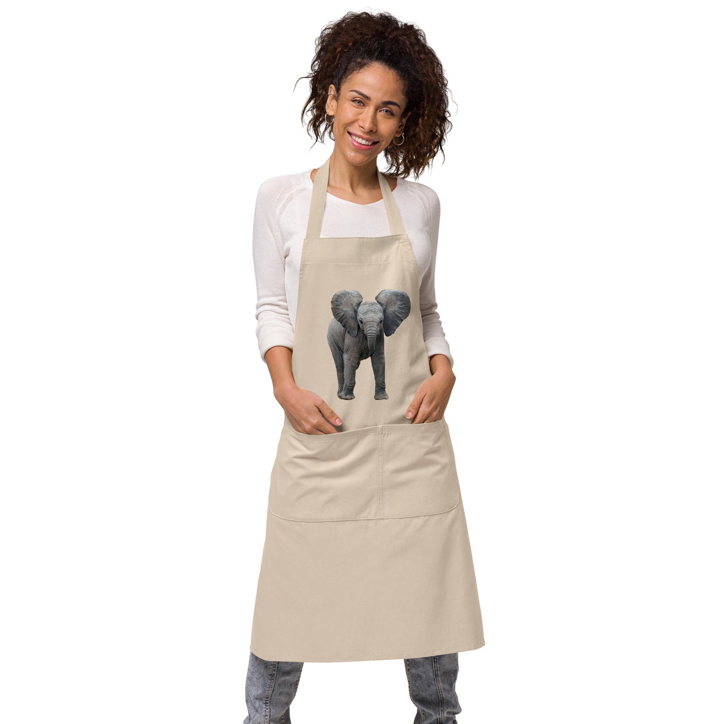 Organic Cotton Apron Printed with a Baby Elephant.
