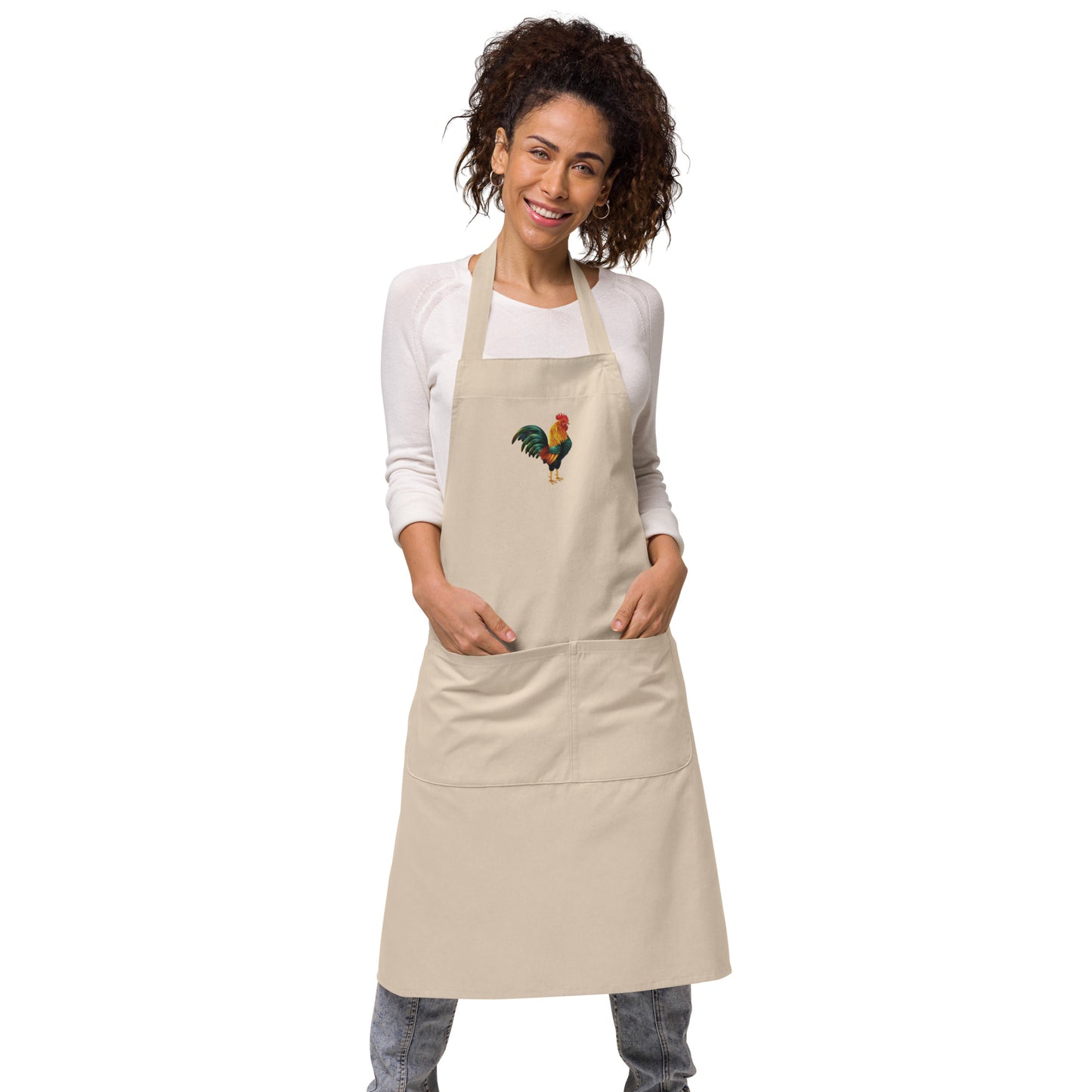 Organic cotton apron embroidered with a cockerel