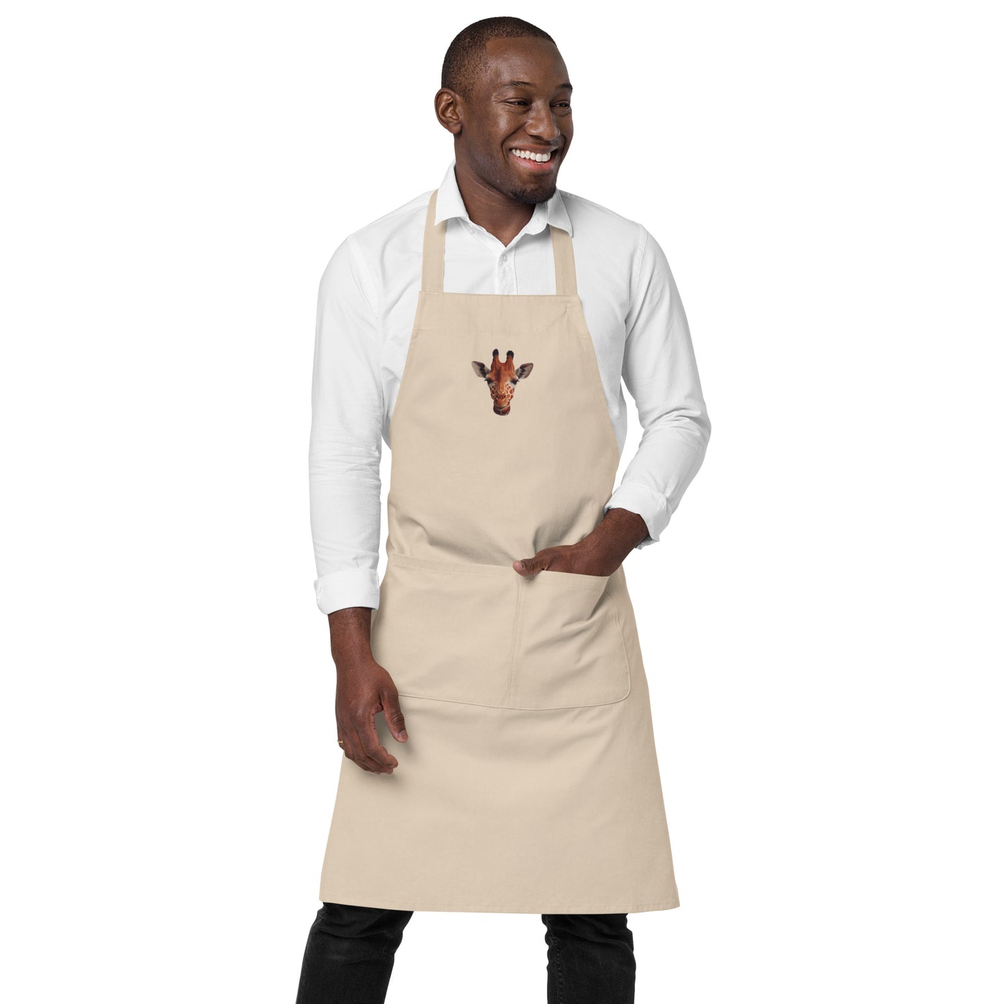 Organic cotton apron embroidered with a giraffe