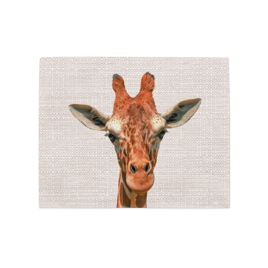 table placemat decorated with a giraffe head picture on a grey background