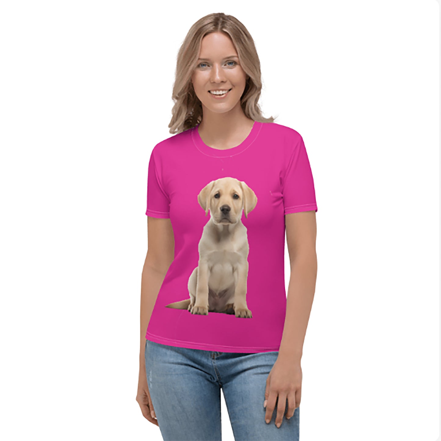 Womens T-Shirt printed with a Labrador Puppy on Barbi Doll Pink