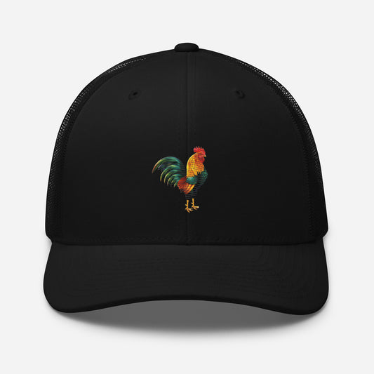 Six-panel trucker cap embroidered with a rooster