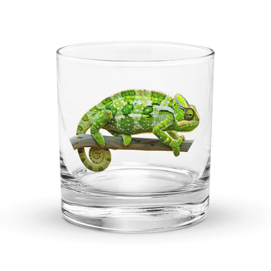 green chameleon on a whiskey tumbler