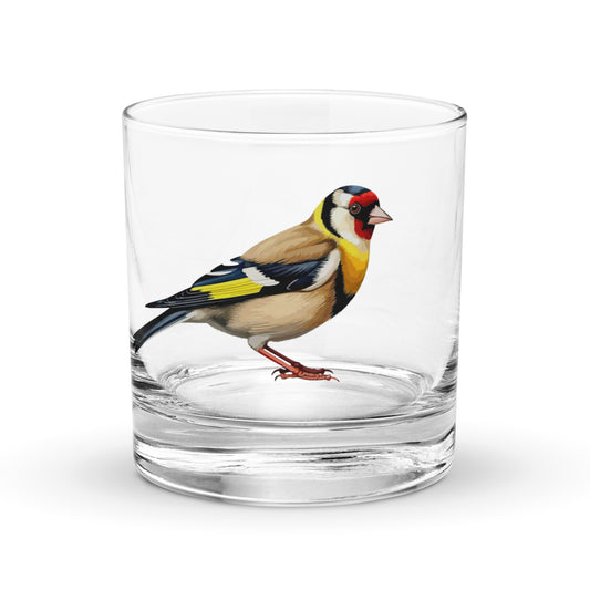 goldfinch image on a glass whiskey tumbler
