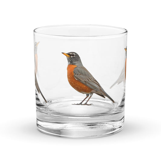 american robin image on a whiskey tumbler