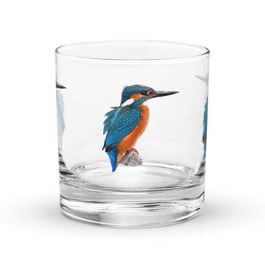 kingfisher image on a glass whiskey tumbler