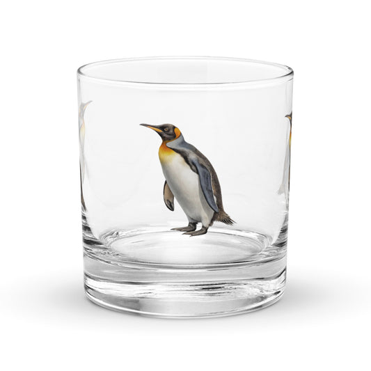 king penguin design on a glass whisky tumbler