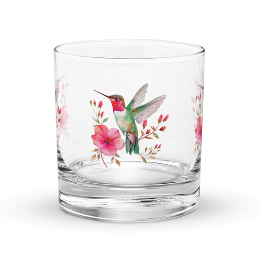 clear glass whisky tumbler with a hummingbird and floral design 