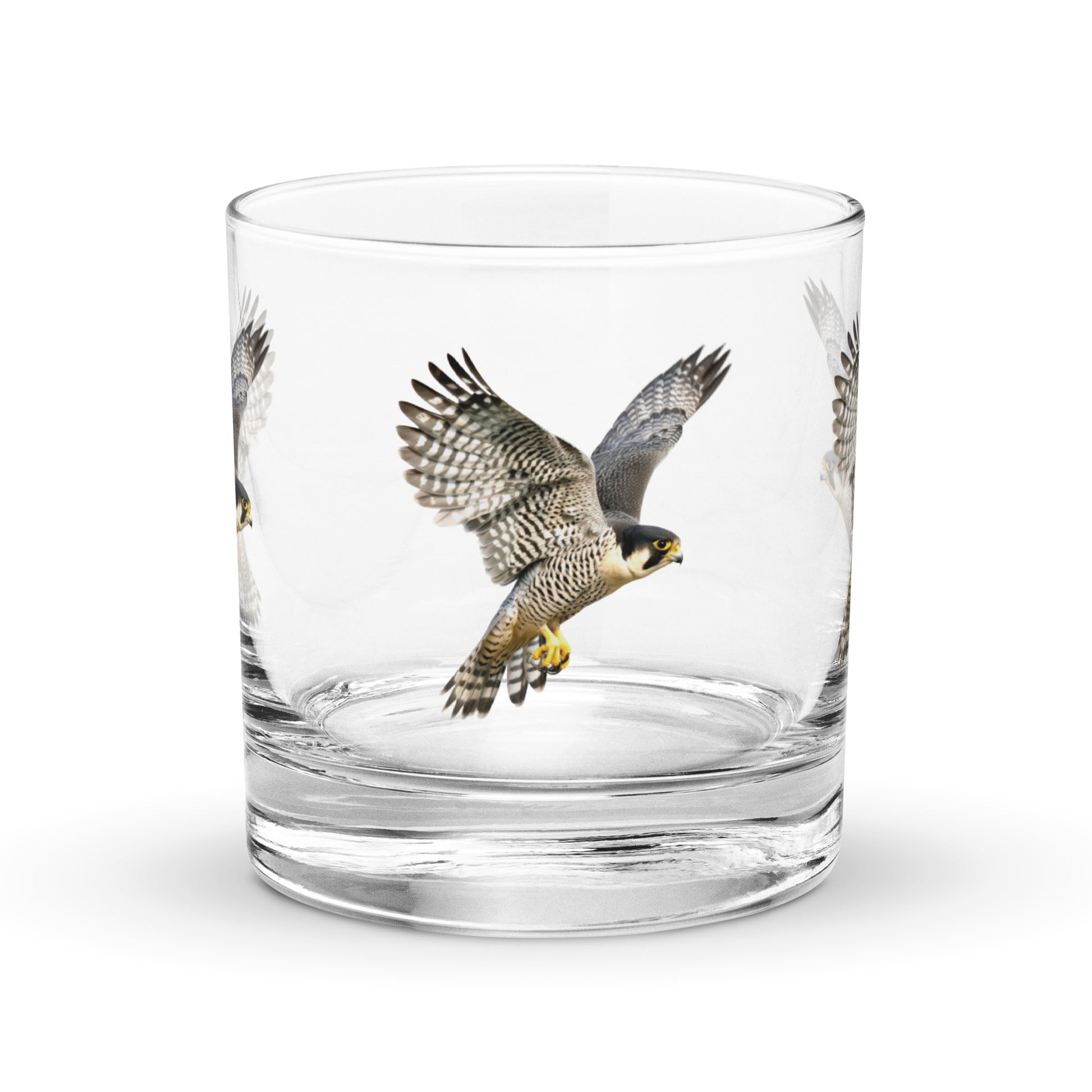peregrine falcon design on a glass whisky tumbler