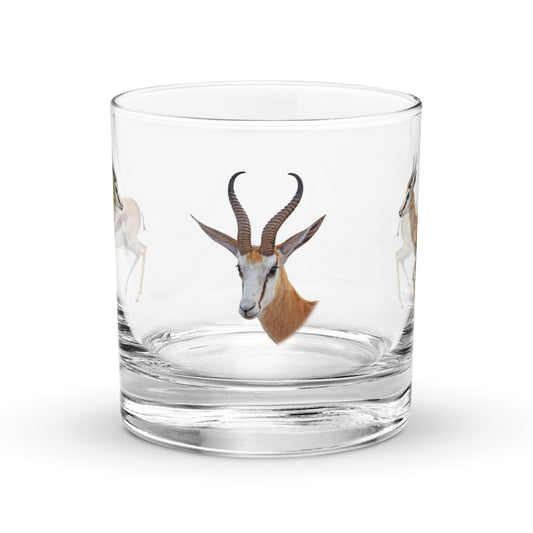 springbok design on a glass whisky  tumbler on a white background