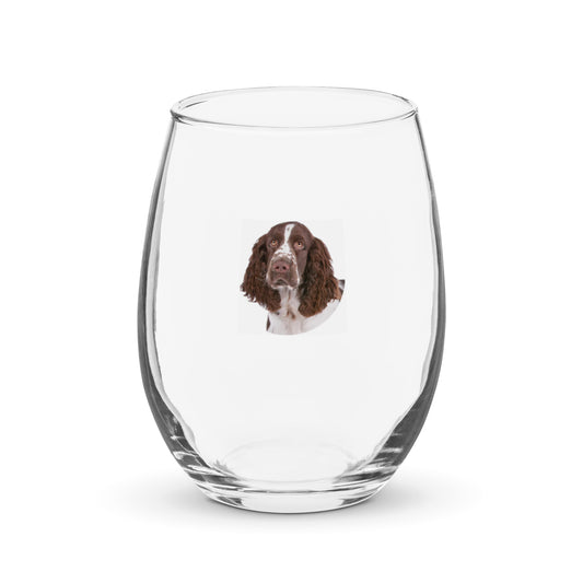 Stemless Wine Glass Printed with a Portrait of a Springer Spaniel Dog.