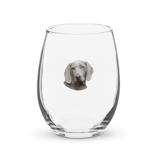 Stemless Wine Glass printed with a Portrait of a Weimaraner Dog.