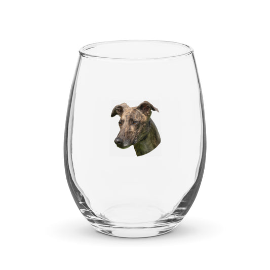 Stemless Wine Glass printed with a portrait of a Greyhound.